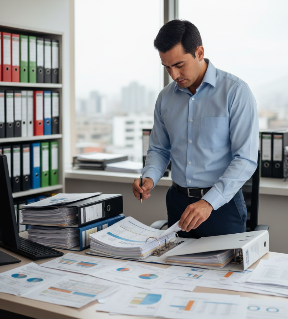 Contador revisando reportes financieros en tablas y gráficos