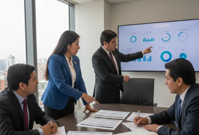 Profesionales revisando reportes financieros en reunión 