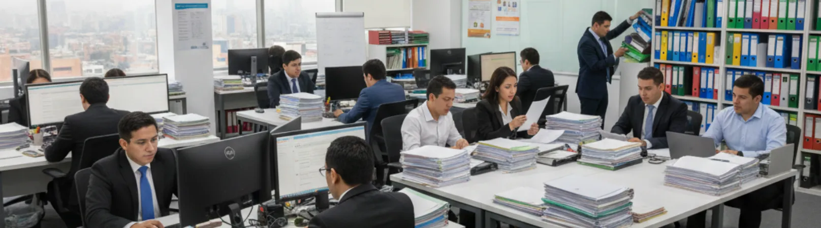 Equipo contable revisando documentos en escritorio