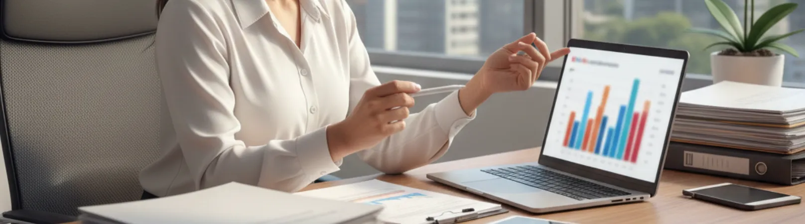 Analista revisando gráficos financieros en laptop sobre escritorio