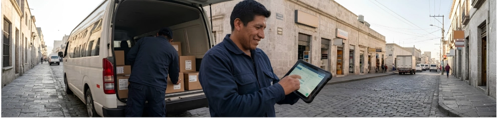 Administrador de entregas verificando la carga en un vehículo de reparto.