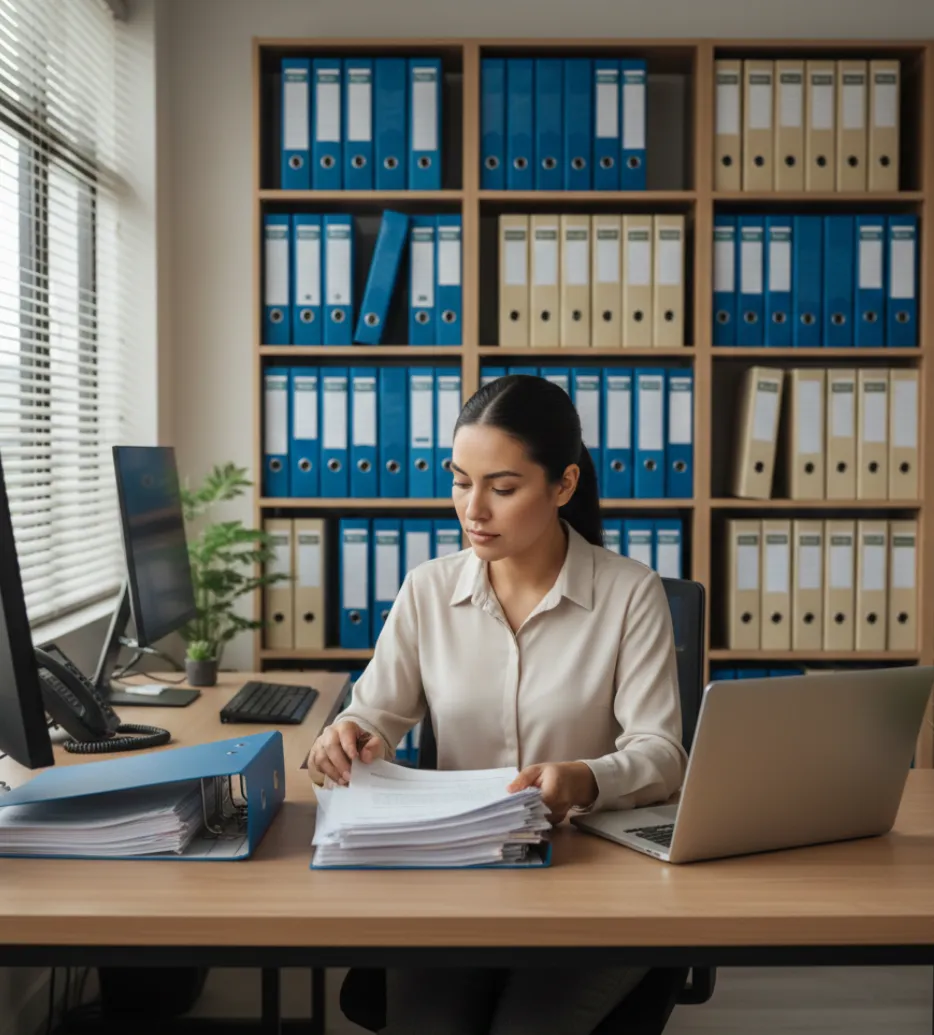 Contadora revisando planilla laboral en oficina