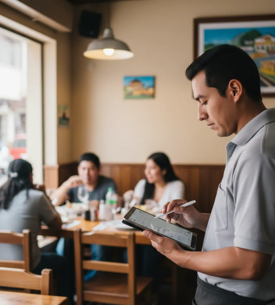 Empleado usando sistema POS para registrar pedido en un restaurante