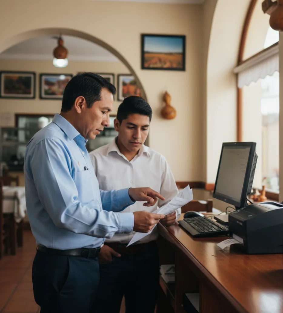 Inspector revisando documentos en restaurante durante fiscalización