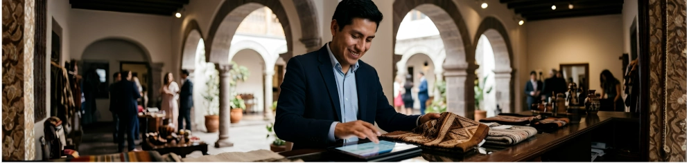 Joven empresario peruano sonriendo mientras revisa su tablet en una tienda elegante. 
