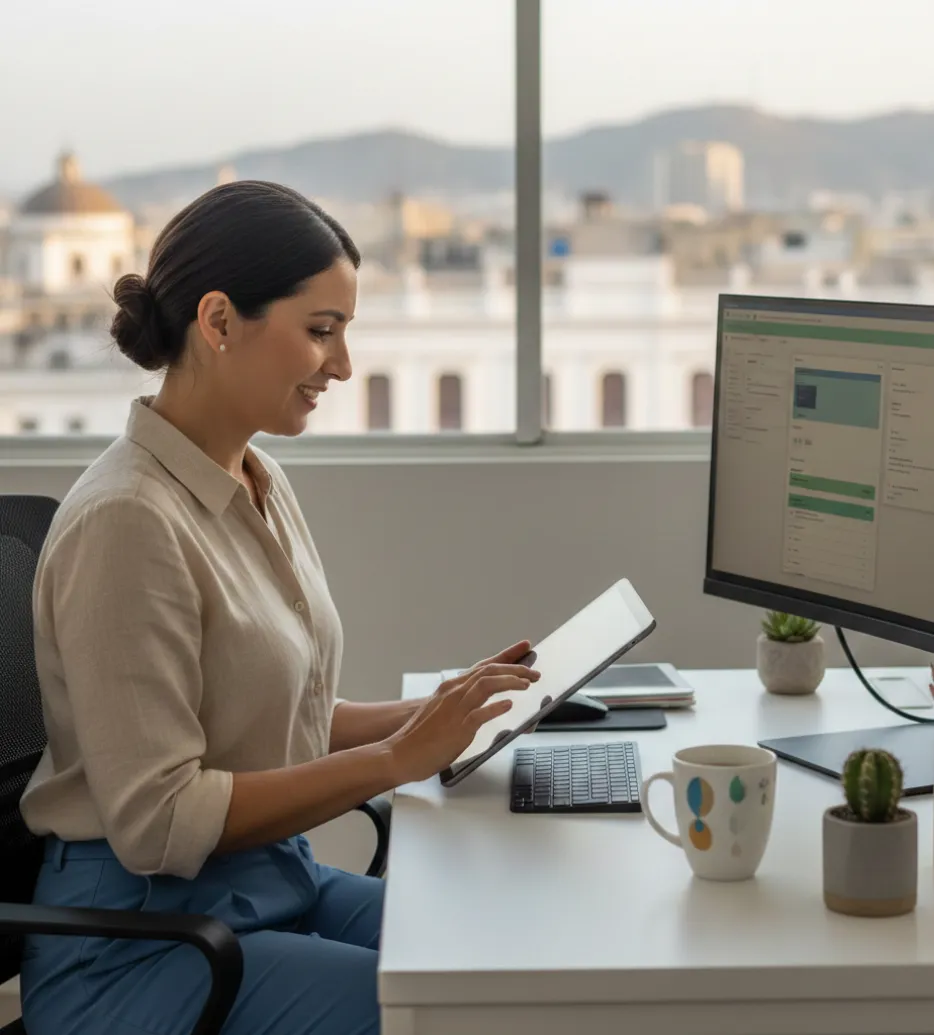 Profesional usando sistema contable en tablet y computadora