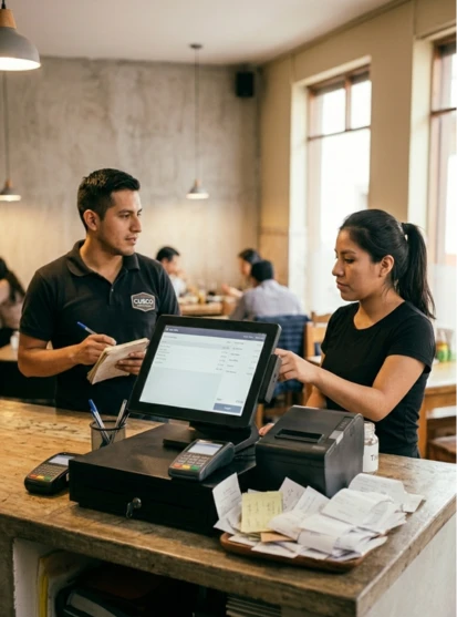Meseros haciendo la revisión de vouchers en restaurante