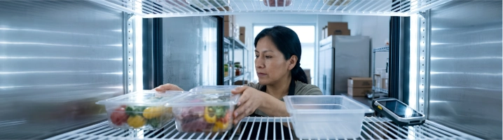 Encargada acomoda insumos en refrigerador de restaurante
