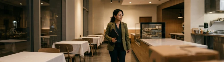 Propietaria recorriendo salón tras cierre en restaurante