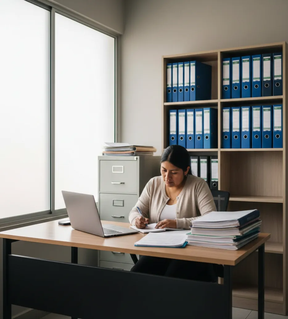 Profesional analizando documentos y reportes en oficina