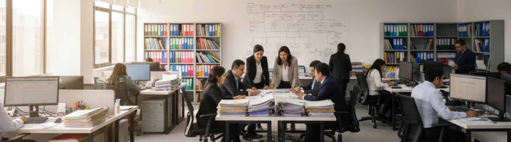 Oficina contable con equipo revisando documentos y sistemas
