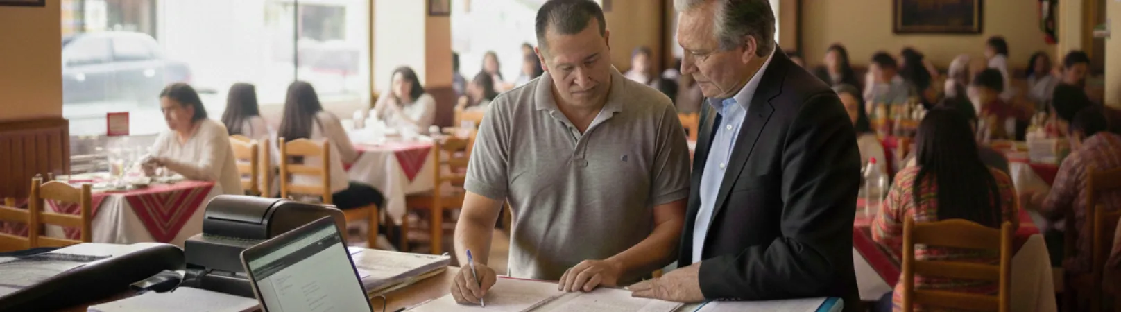 Encargado revisando documentos con expresión de preocupación