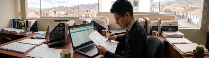 Analista comparando inventario físico en papel contra datos digitales en laptop