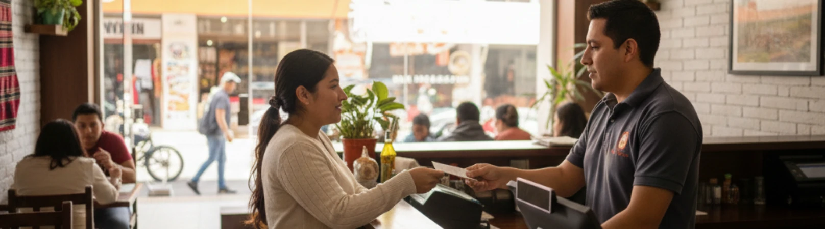 Boleta electrónica impresa junto a mostrador de restaurante