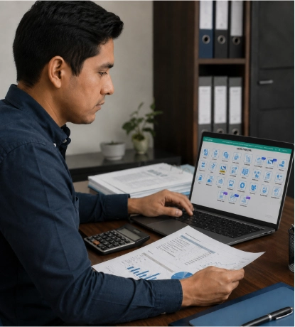 Revisión de pago y reporte contable en laptop