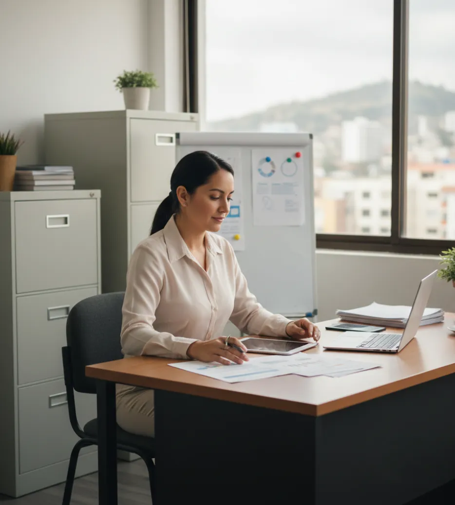 Revisión de ingresos y gastos en laptop con reportes