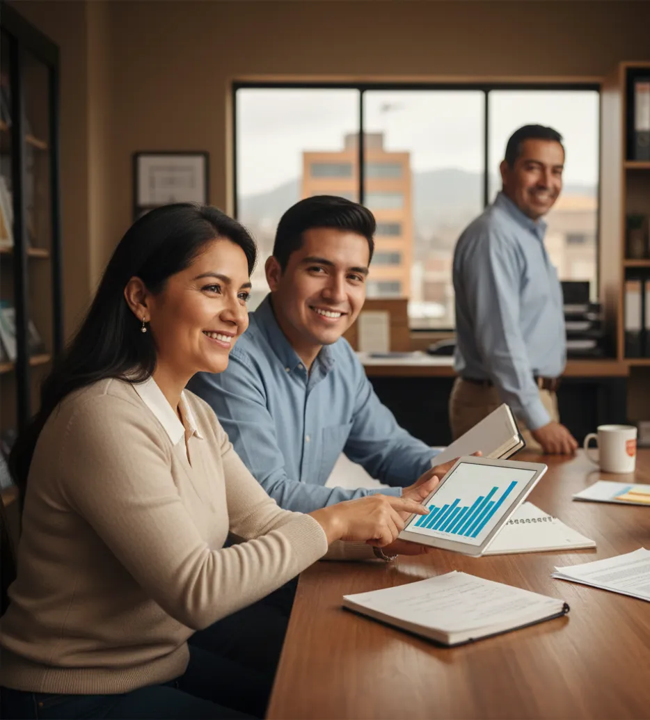Equipo revisando gráficos de ventas en tablet durante reunión de trabajo