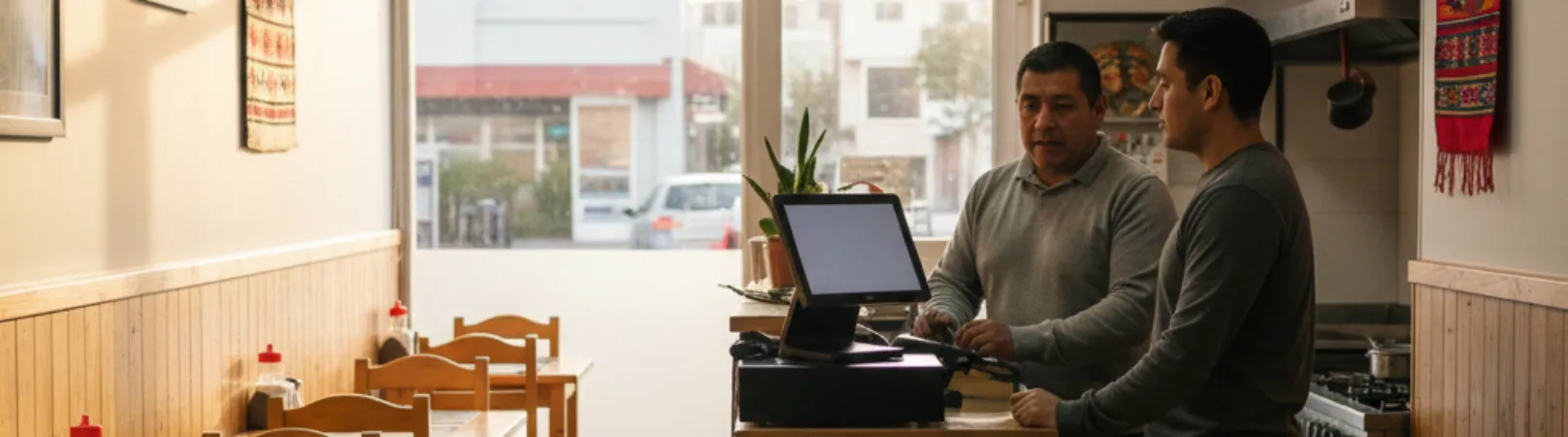 Cajero y supervisor registrando pedido en pantalla táctil