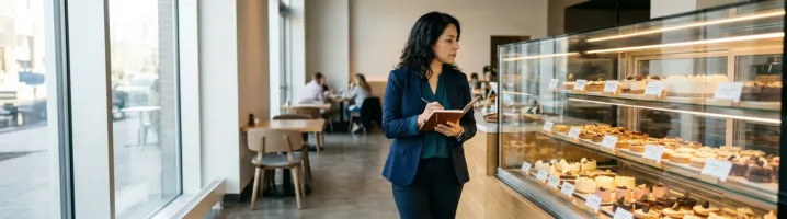 Socia evaluando exhibición de platos en vitrina de restaurante