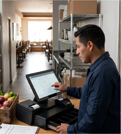 Operador registra en caja en restaurante urbano