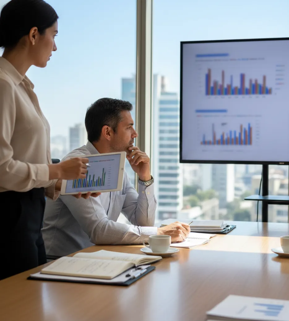 Equipo revisando reportes financieros en reunión de oficina