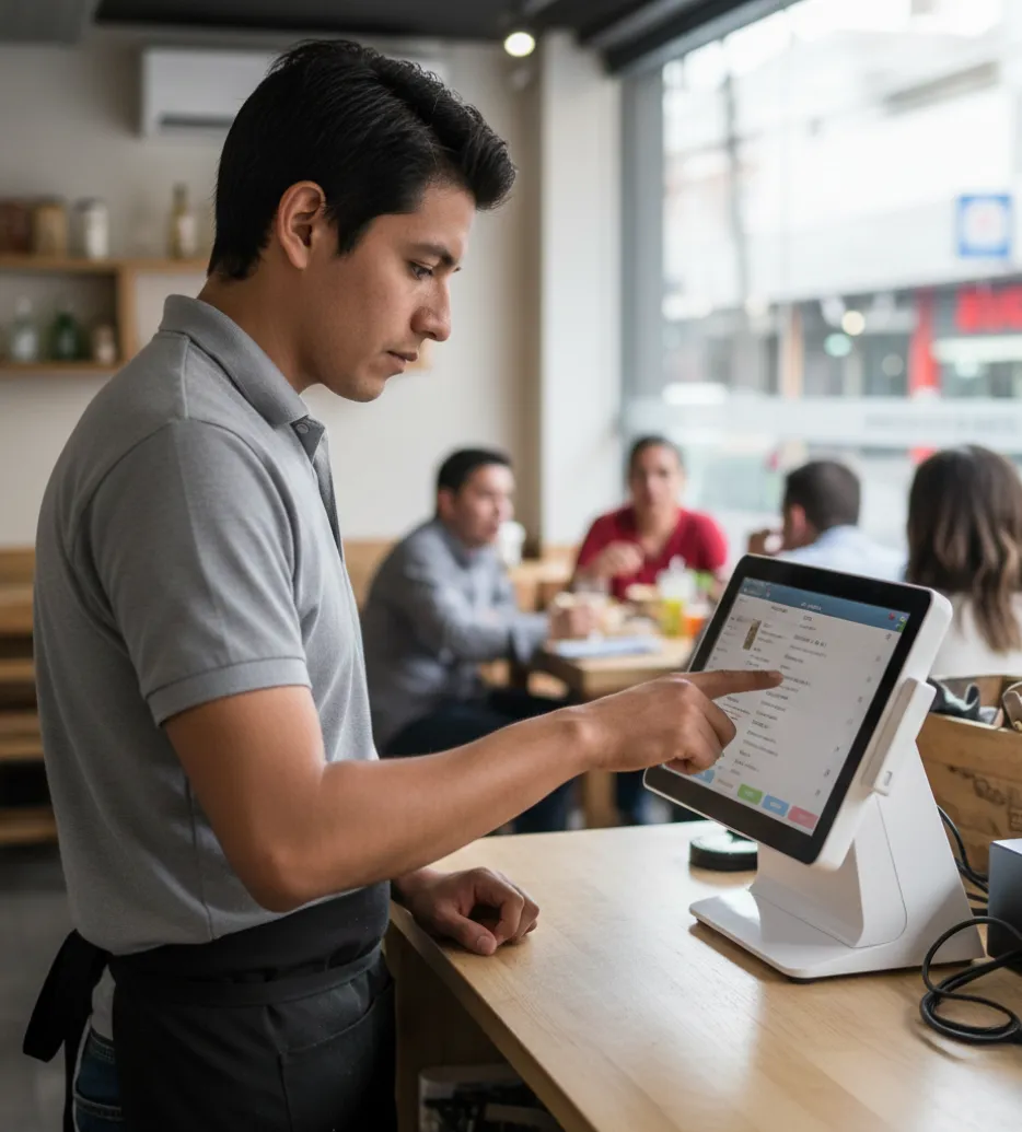 Mesero usando sistema POS para restaurantes en mostrador