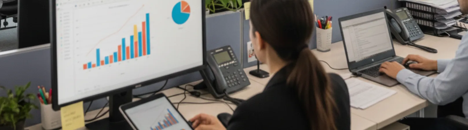 Persona organizando reportes contables y gráficos impresos