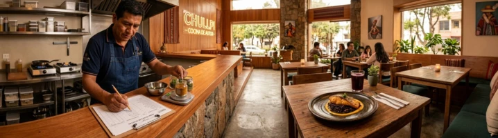 Chef ajustando receta y costos para calcular precio de venta en restaurante peruano.