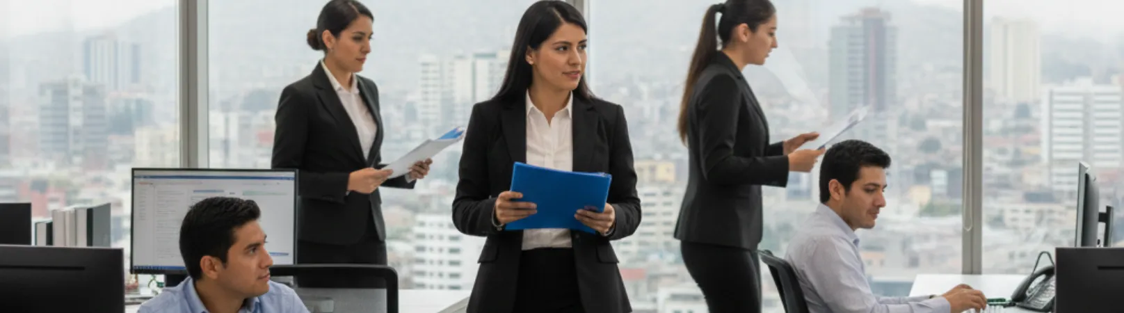 Equipo profesional revisando información contable en oficina