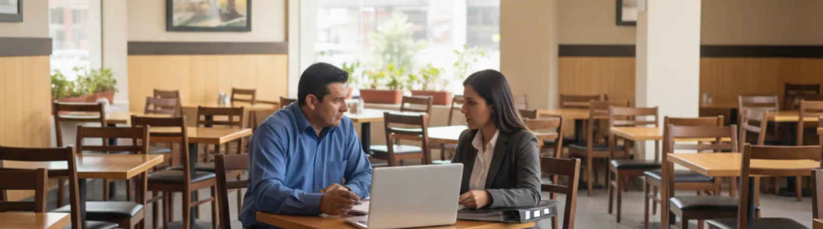 Contador revisando carpeta con comprobantes de restaurante