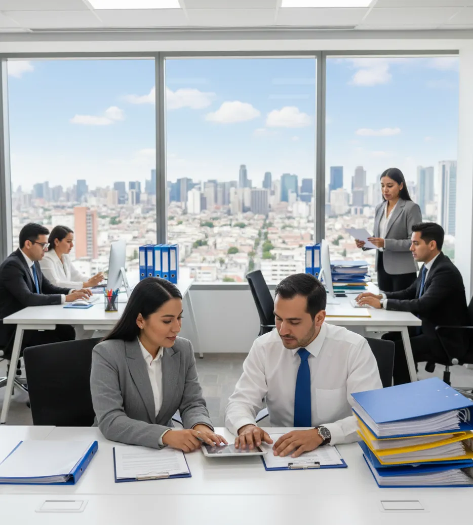 Profesionales revisando detracciones de servicios en reporte contable impreso
