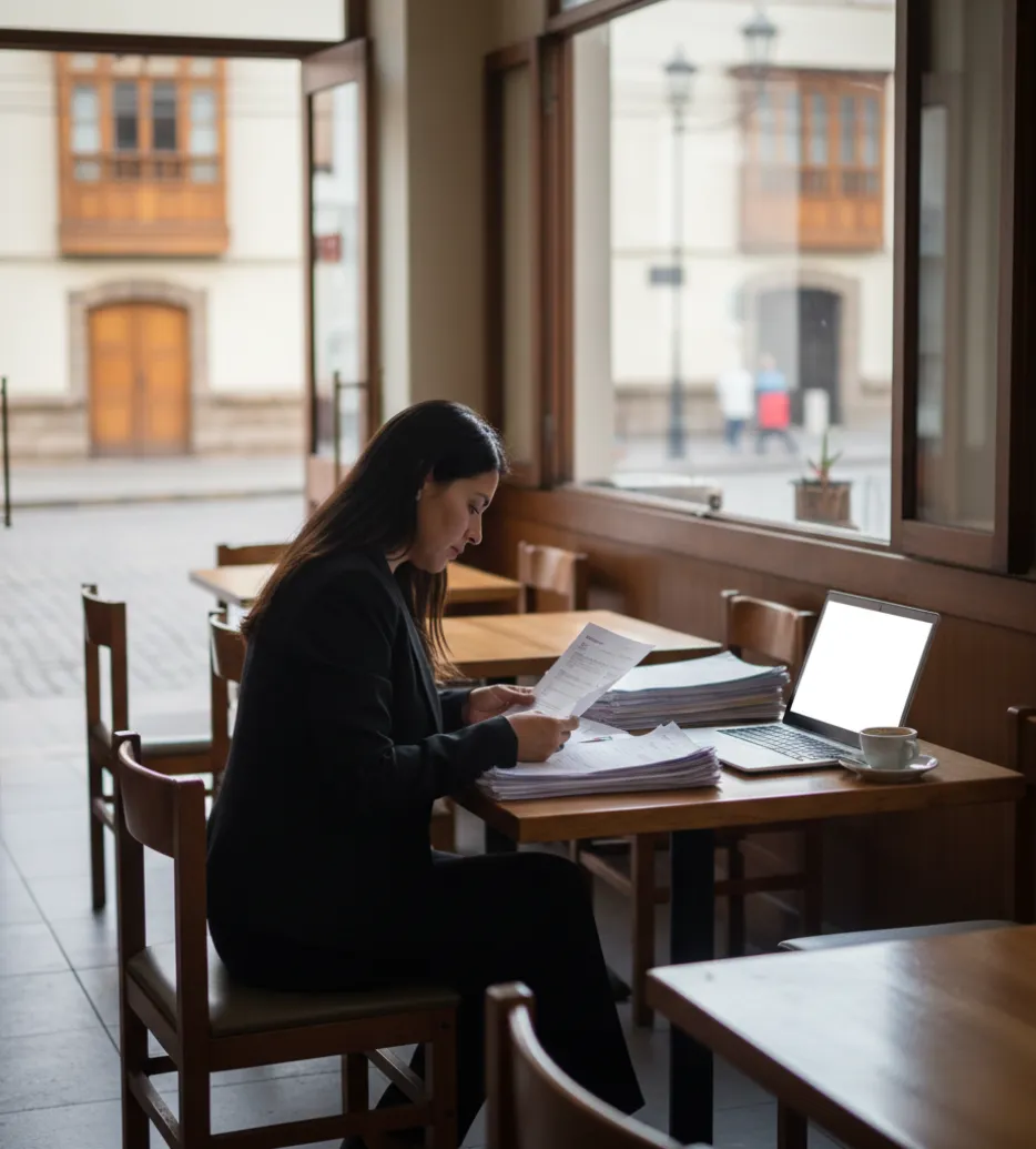 Dueña de restaurante revisando requisitos impresos 