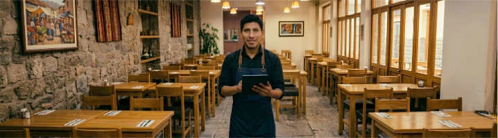 Gerente mapeando el salón vacío antes de abrir con su sistema para restaurantes.