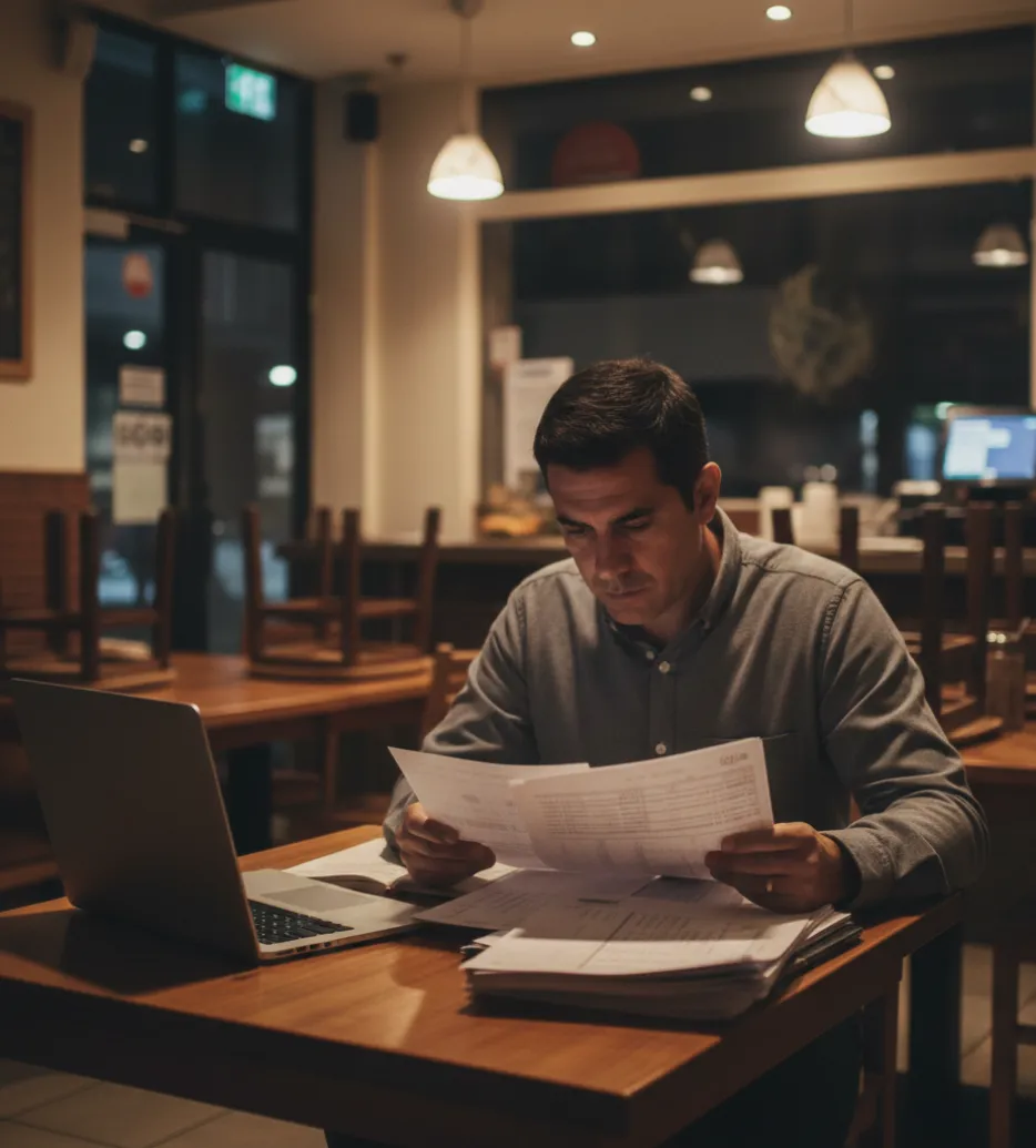 Dueña revisando cuentas y facturas en mesa del restaurante