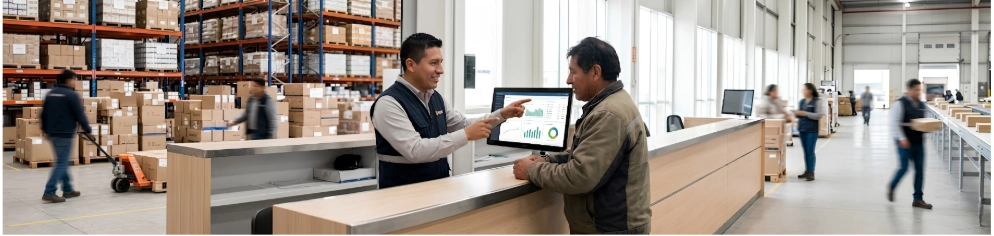 Vendedor mostrando disponibilidad de stock en tiempo real en un mostrador de Cusco.