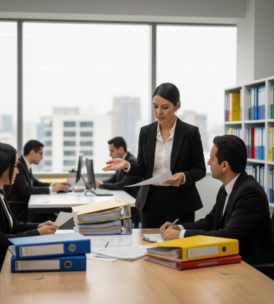 Equipo de contadores revisando documentos contables organizados 