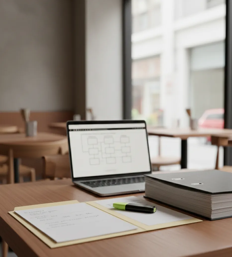 Mesa con carpetas y reportes contables organizados