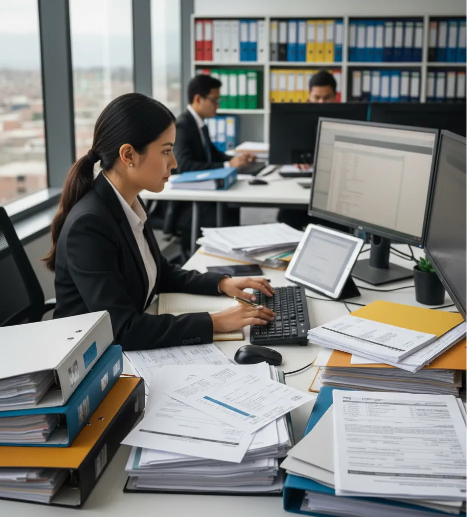 Contadora analizando reportes digitales e impresos