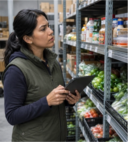 Mujer revisa stock en tablet frente a estante de alimentos en almacén