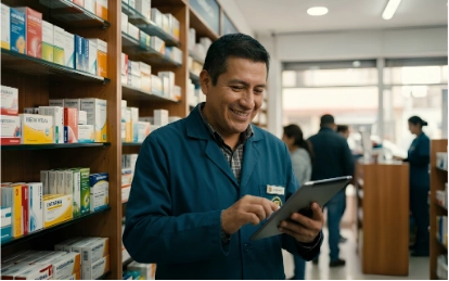 Farmacéutico analizando inventario en tablet dentro de su botica.