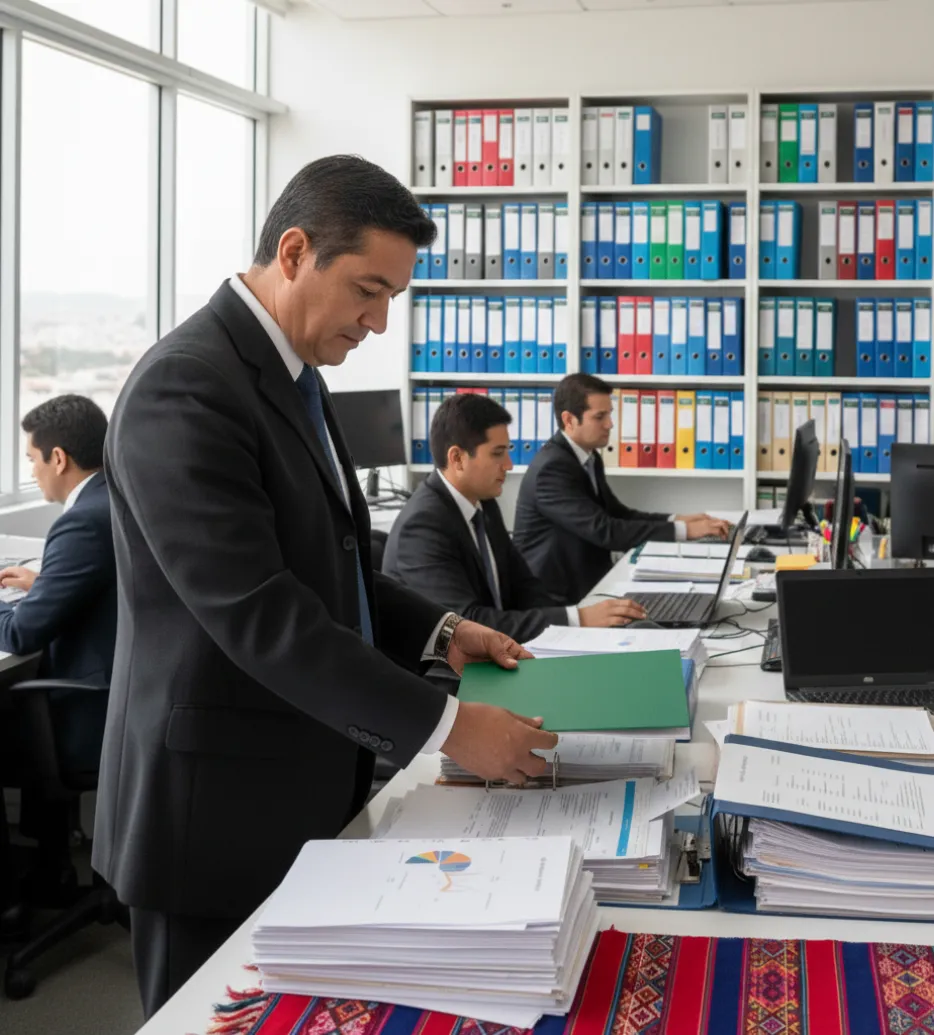 Profesional revisando documentos contables organizados