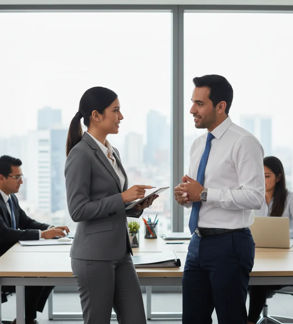 Analista y compañero laboral revisando reportes financieros 
