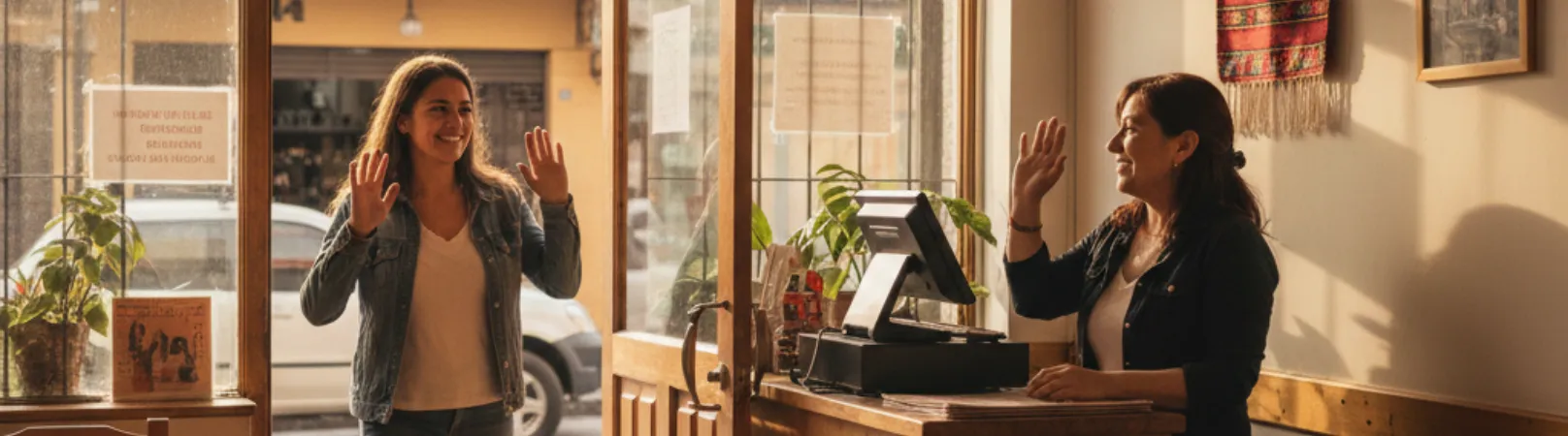 Cliente frecuente saludando y entrando al restaurante