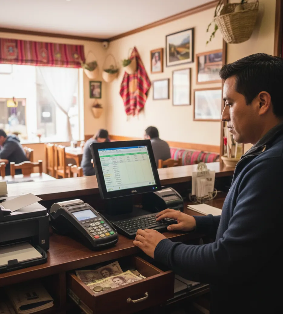Personal utilizando sistema POS en mostrador de restaurante