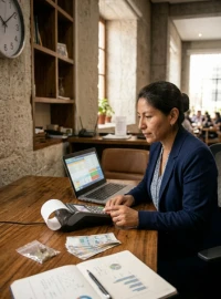 Supervisora comparando sistema POS y reporte digital