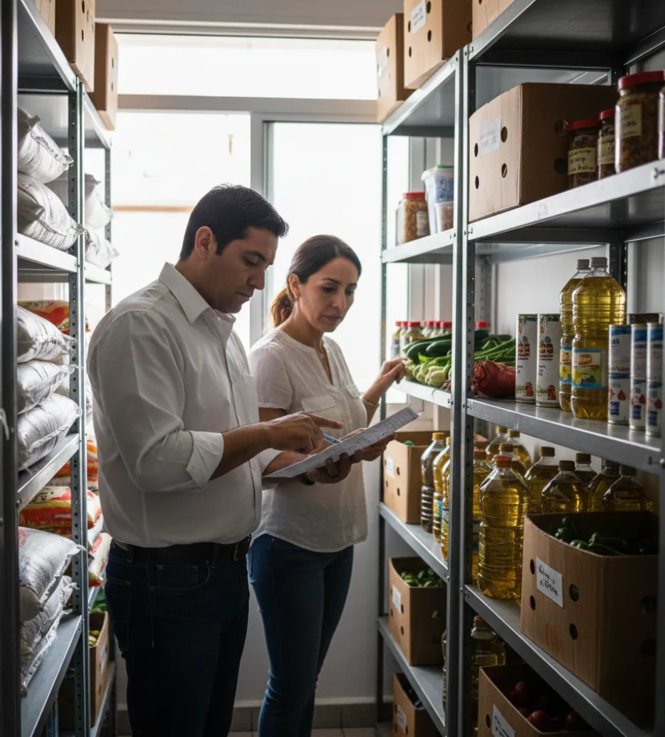 Empleado contando productos en almacén del restaurante