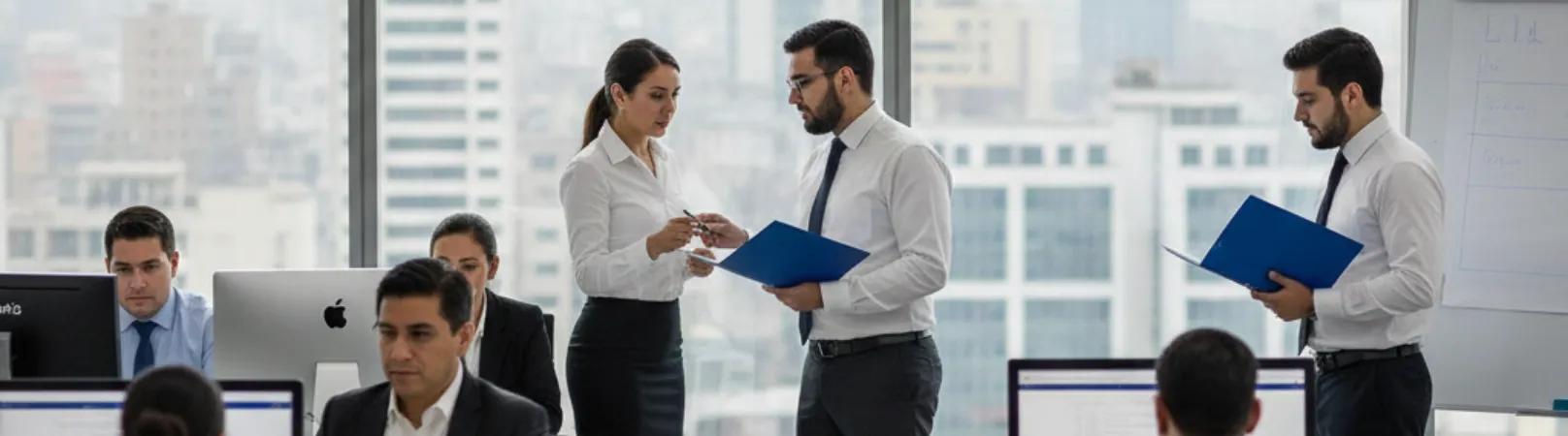 Equipo contable revisando documentos y trabajando en oficina