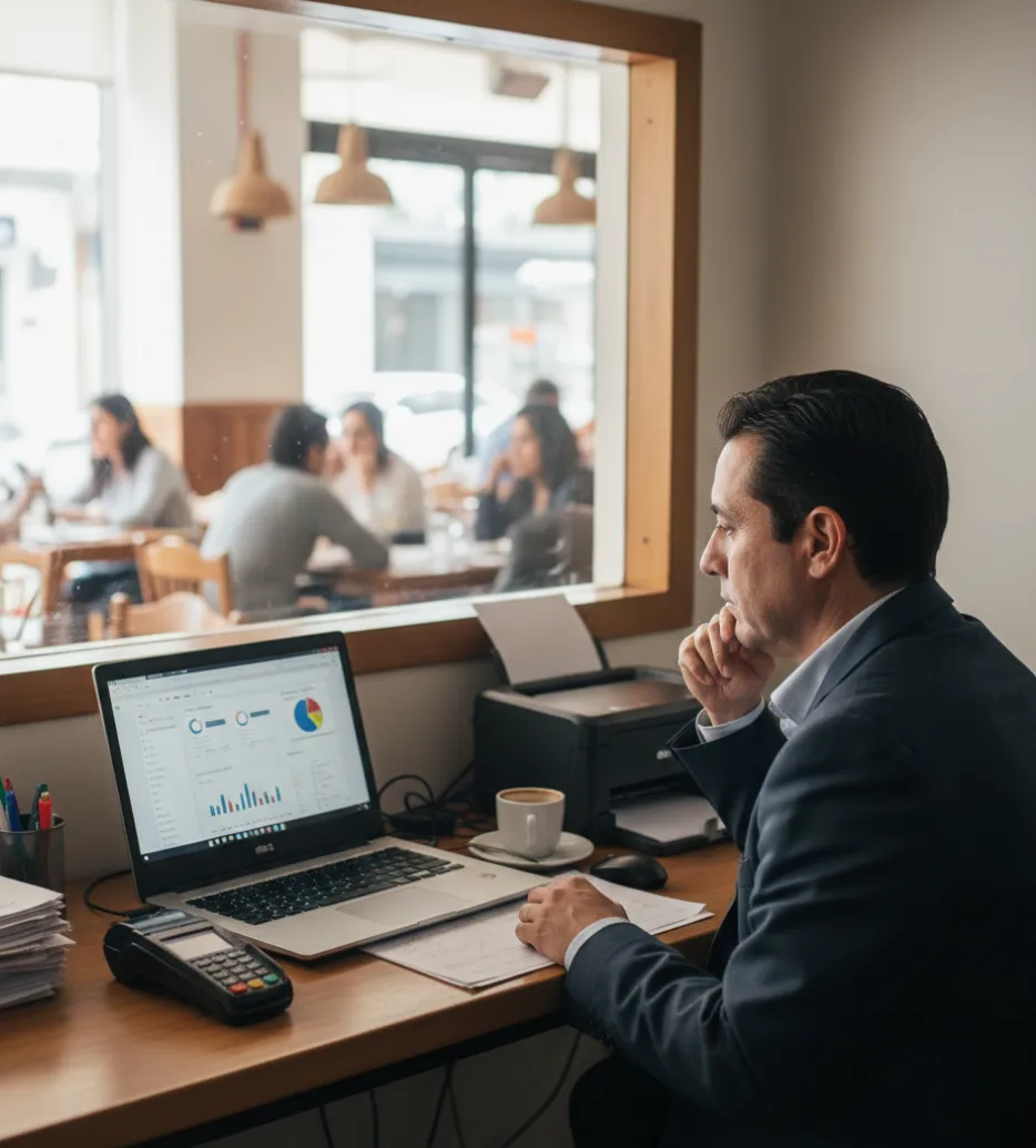 Dueño revisando reporte impreso junto a caja y POS