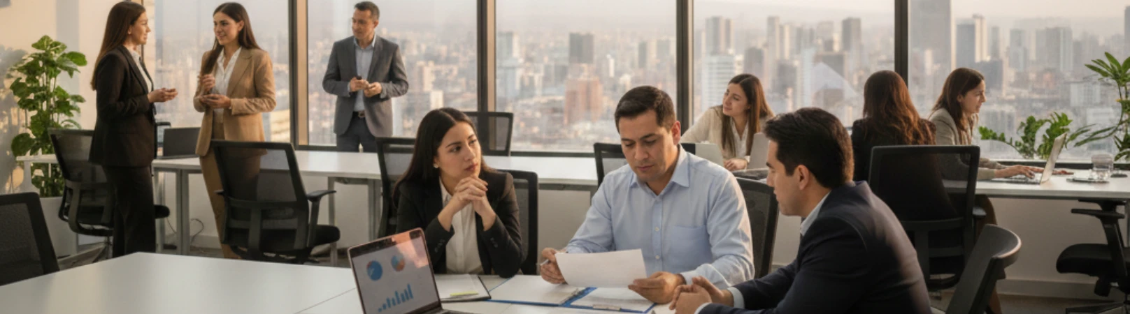 Equipo de trabajo revisando indicadores financieros en oficina