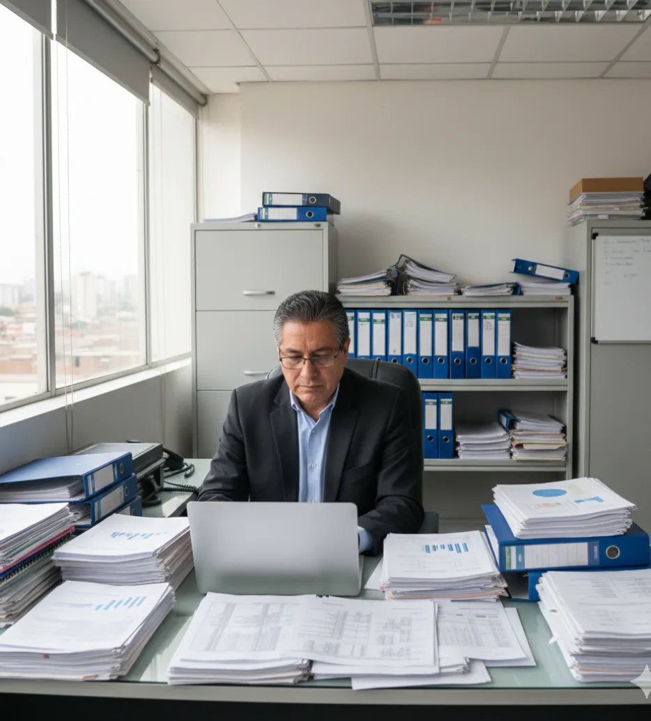 Contador revisando documentos financieros en escritorio de oficina